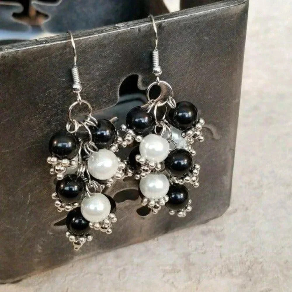 Fancy Glass Grape Cluster Earrings Black White - Picture 5 of 6